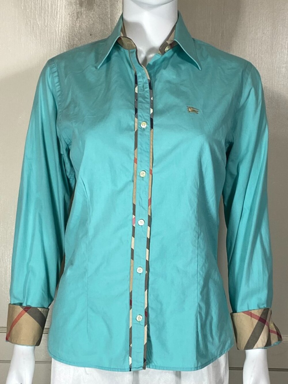 BURBERRY BRIT Turquoise Teal Long Sleeve Nova Check Trim Button Front Shirt Sz M